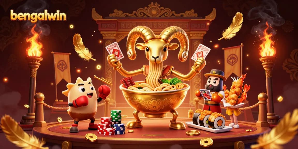 Bengalwin showcases a vibrant 3D illustration of a golden ramen bowl character in an exciting casino gaming scene.