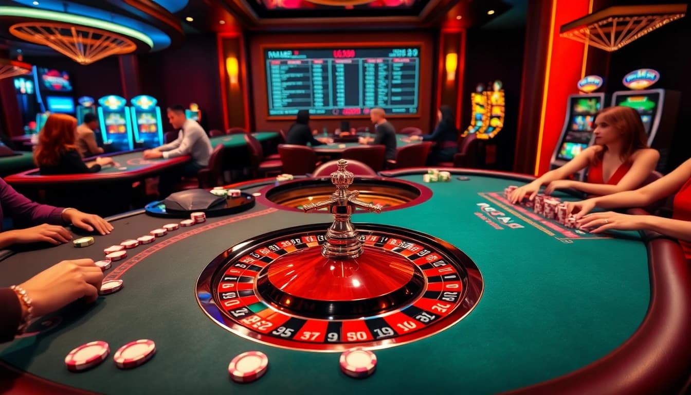 Experience thrilling action at https://mm88.vin/ with a vibrant casino scene featuring roulette, poker, and slot machines.