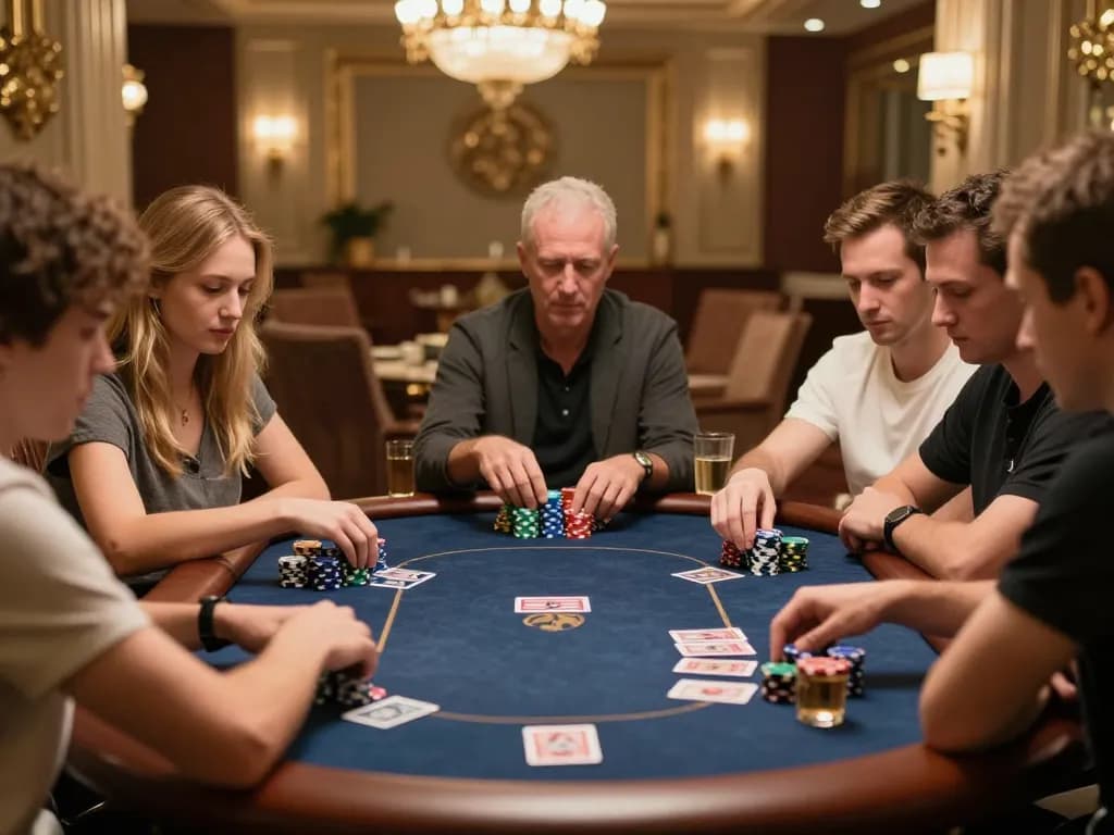 Nhà cái 33WIN players engaging in a thrilling poker game with colorful chips and cards, warm and inviting atmosphere