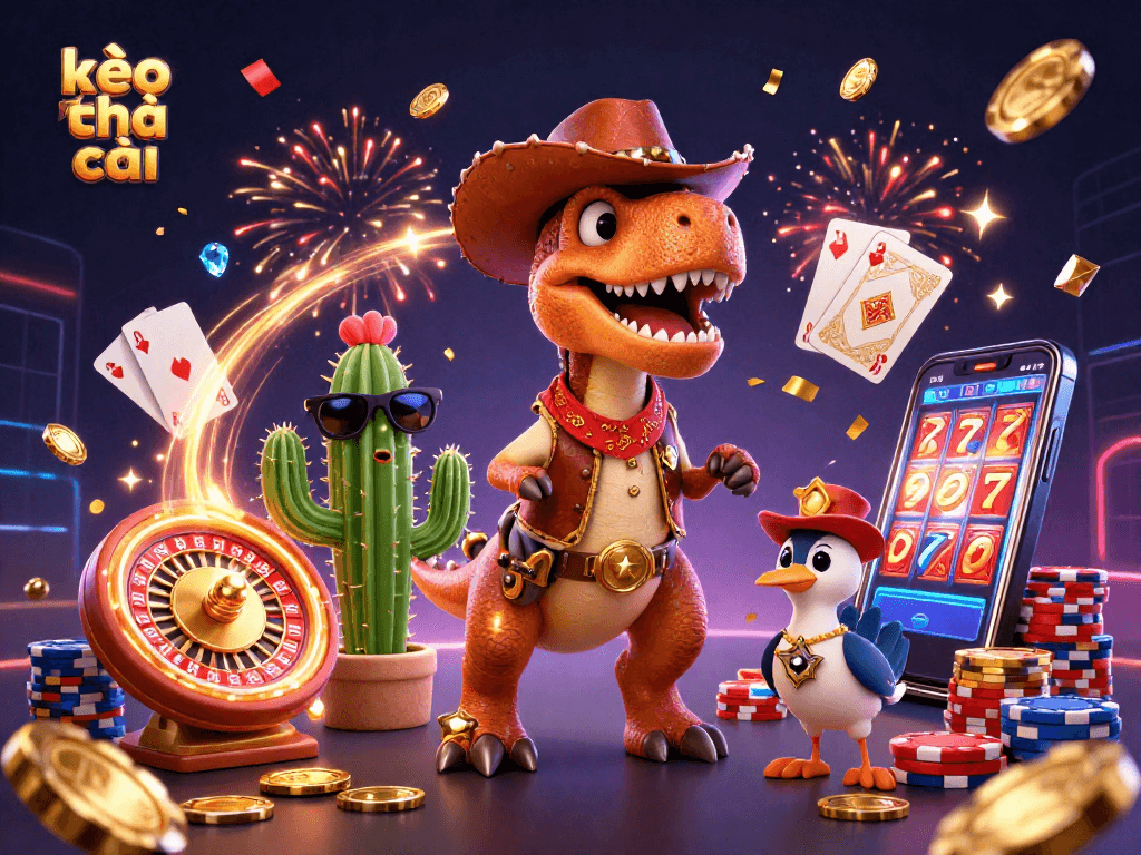 Engage with kèo nhà cái by enjoying vibrant casino action featuring a dinosaur cowboy, poker chips, and roulette.
