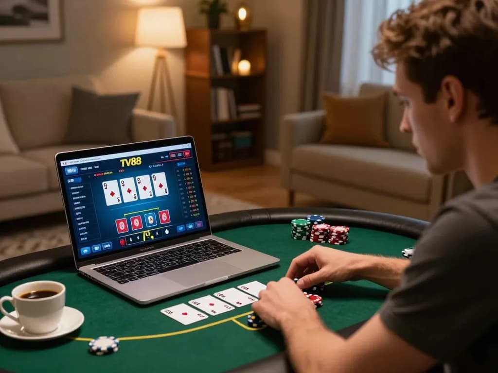 Player strategizing on TV88's online poker while enjoying a cozy home environment