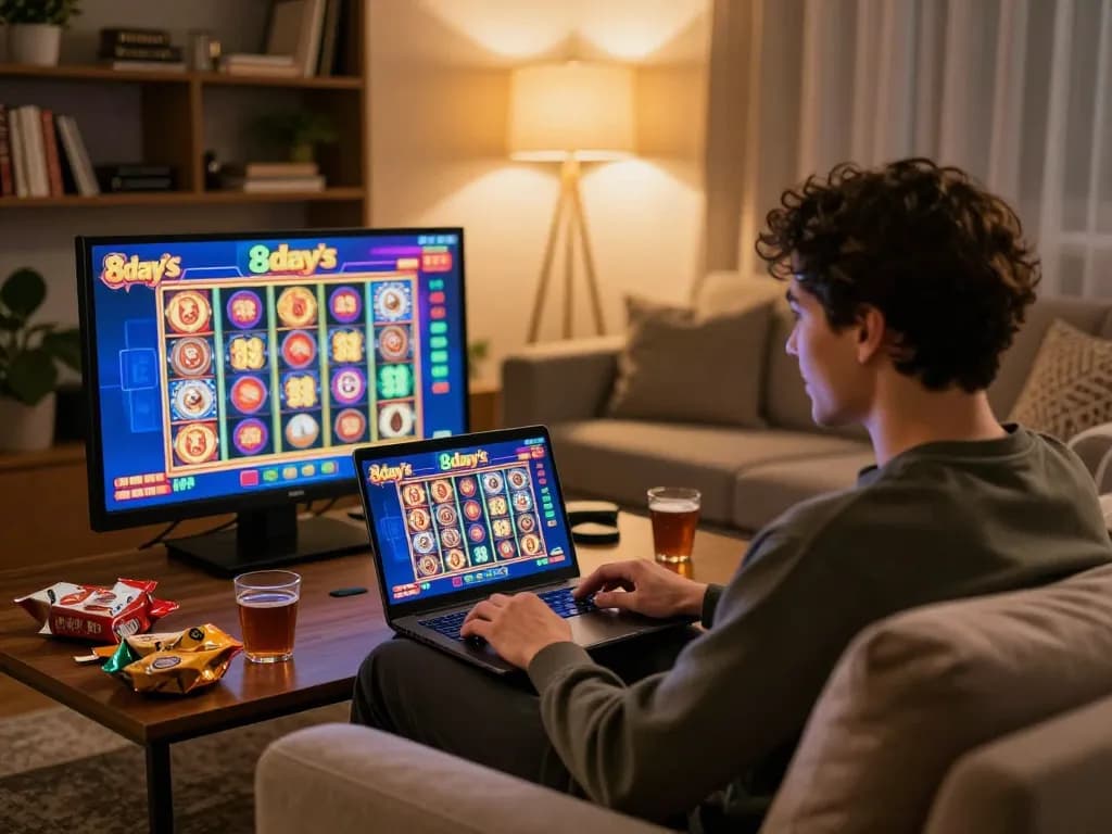 Enjoying engaging 8day casino games on a laptop in a cozy living room setting