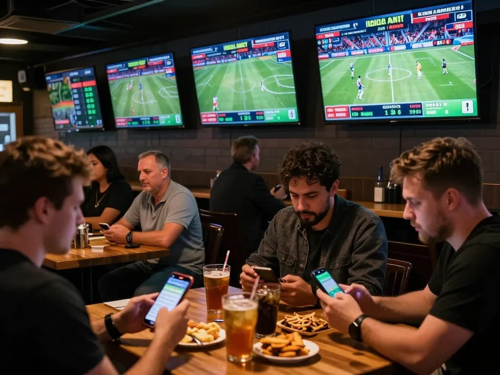 Engaging bettors analyze odds on their smartphones at keobongda in a lively sports bar setup.