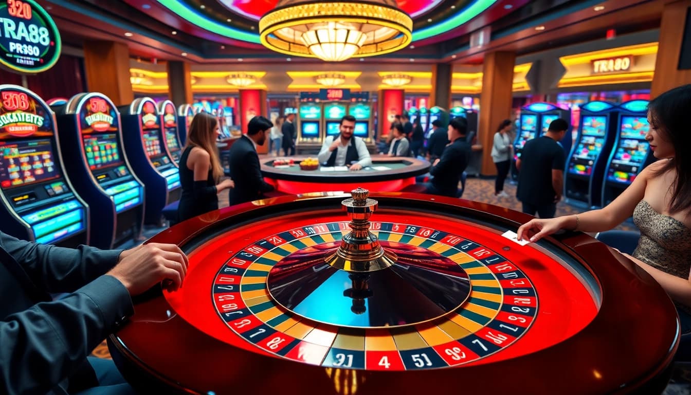 Players enjoying a thrilling game of TR88 at an upscale casino table with vibrant chips and cards.