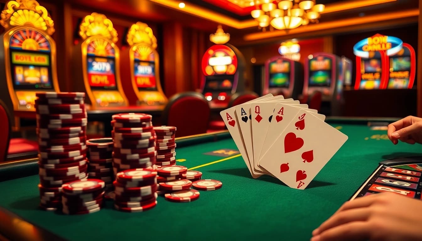 A vibrant casino setting featuring strategic poker gameplay, capturing the essence of bdtk66 blog on gambling.