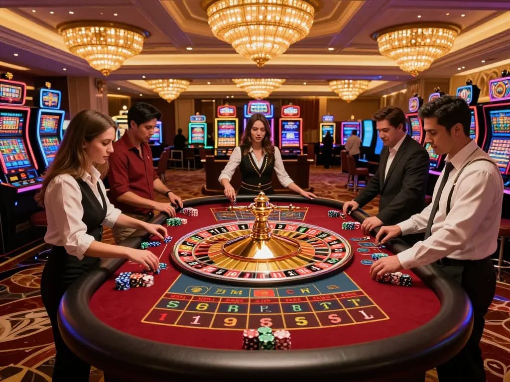 Experience the excitement of betting at roulette in a luxury casino scene featuring https://7m.us.com/ for thrilling gambling options.