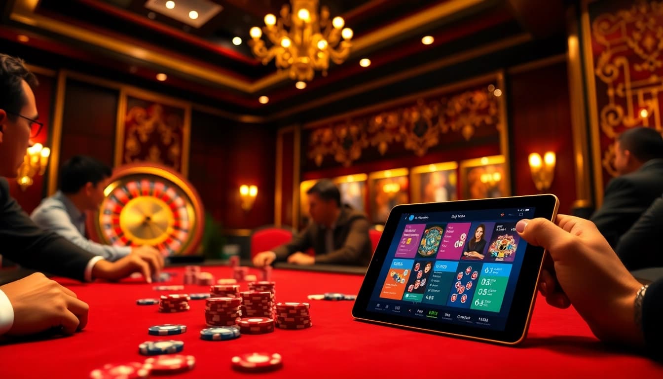 Exciting poker action and roulette wheel in a luxurious casino setting related to bdtk66 blog.