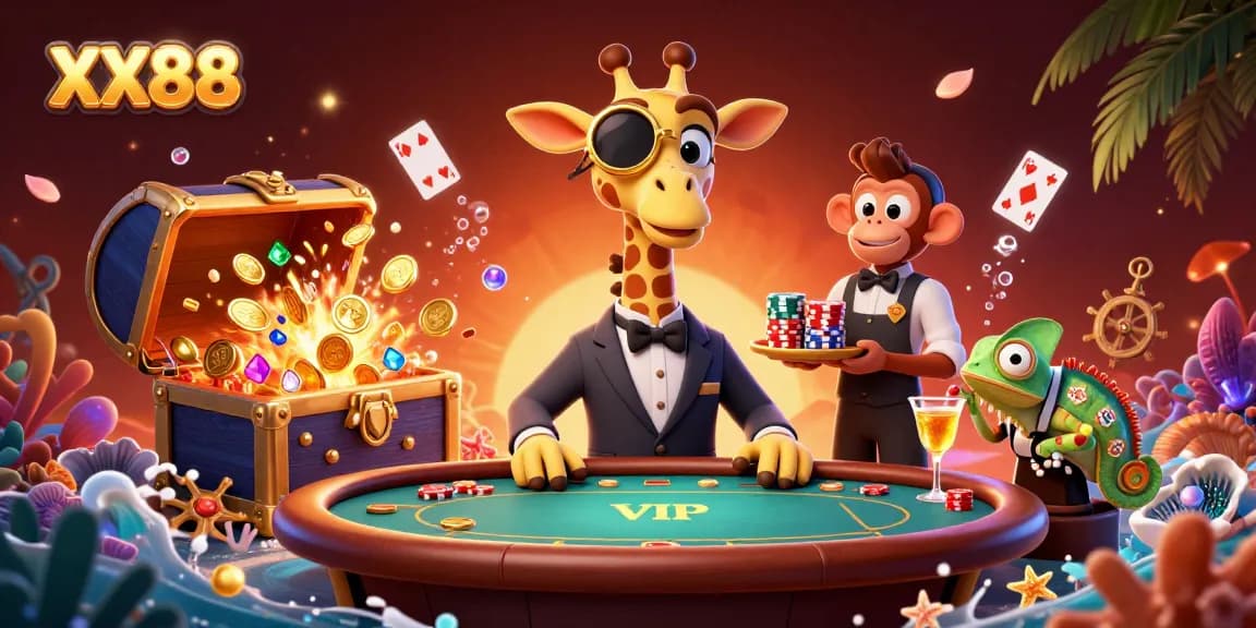 Experience winning moments at XX88 with high-roller giraffe and vibrant casino elements.