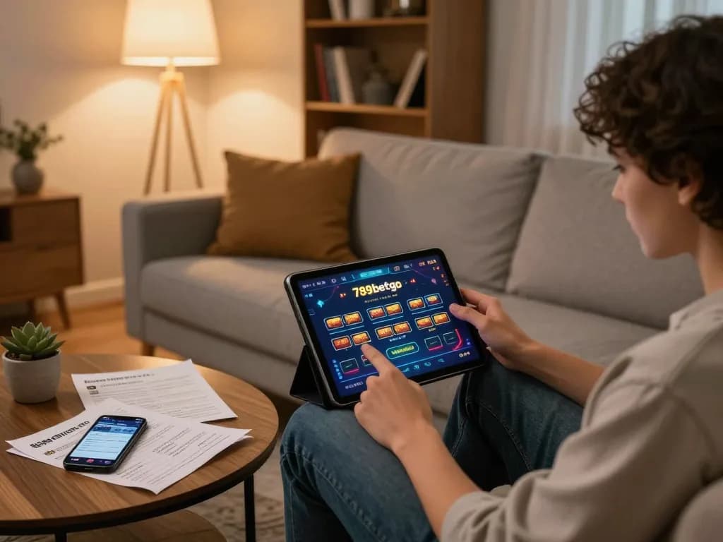 Engaging in online gambling with 789betgo on a tablet at home, surrounded by gaming strategy notes.