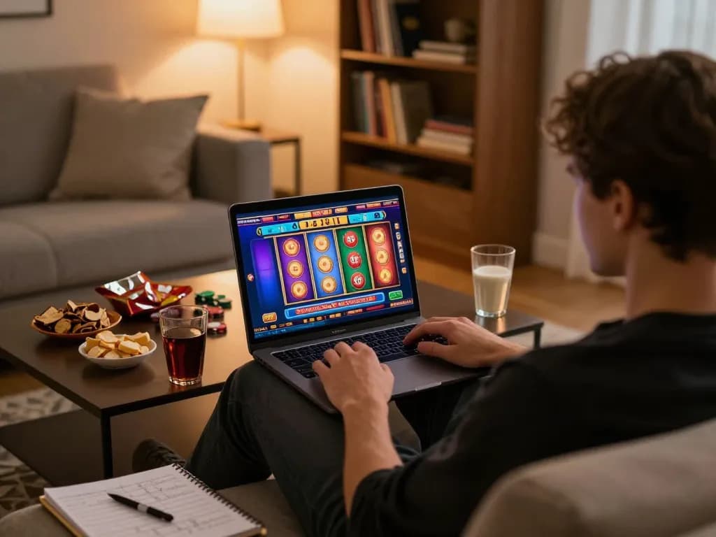 Engaging in online casino games at home with f8betlv laptop gameplay and strategic notes.
