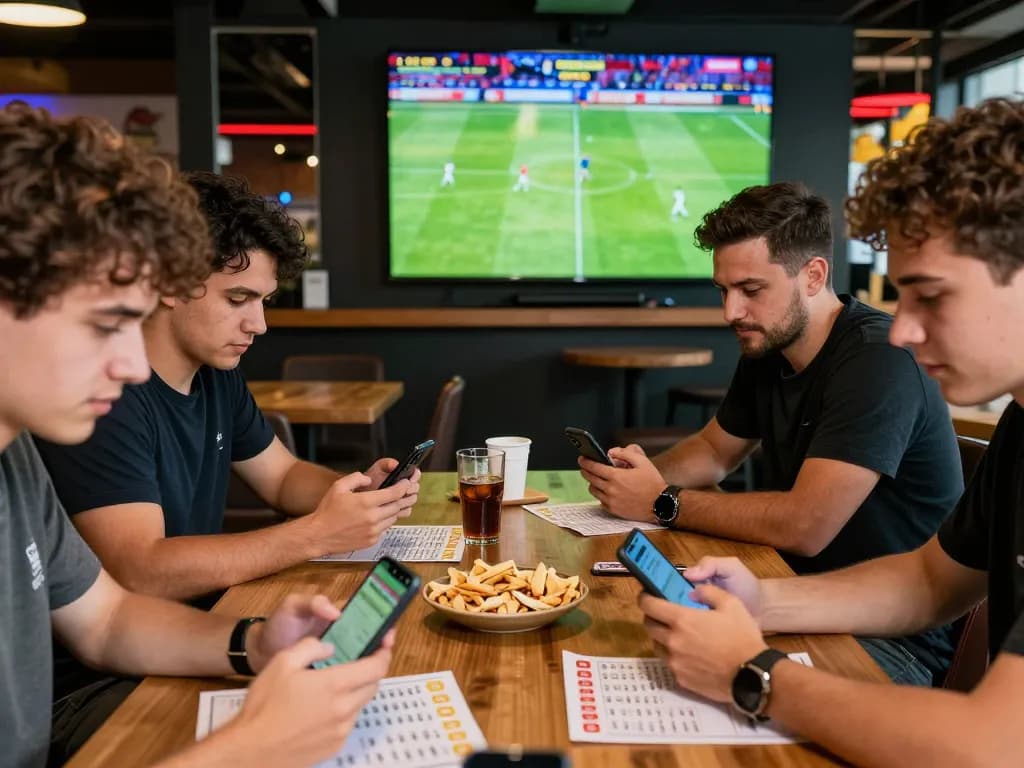Friends enjoying keo nha cai betting during a football match in a lively sports bar.