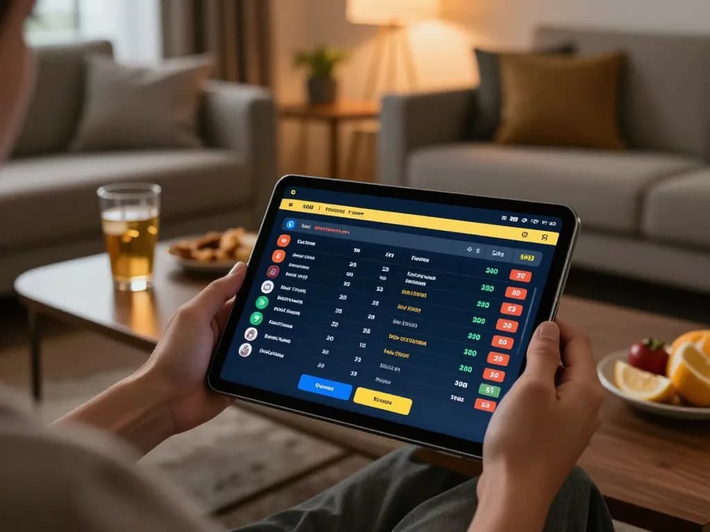 Engaged player enjoying Ev88 sports betting on a tablet in a cozy living room setting
