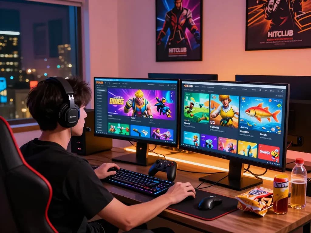Engaged player using HITCLUB gaming platform on multiple screens with vibrant ambient lighting.