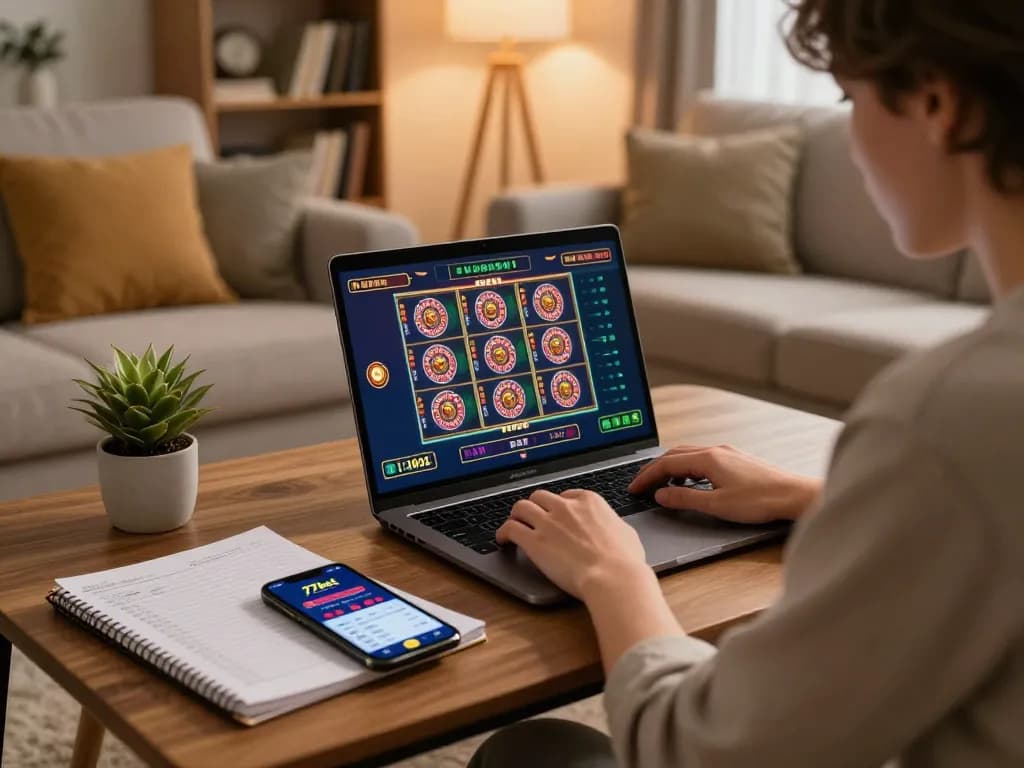 Engaged player enjoying 77bet casino on a stylish laptop with strategic notes nearby.
