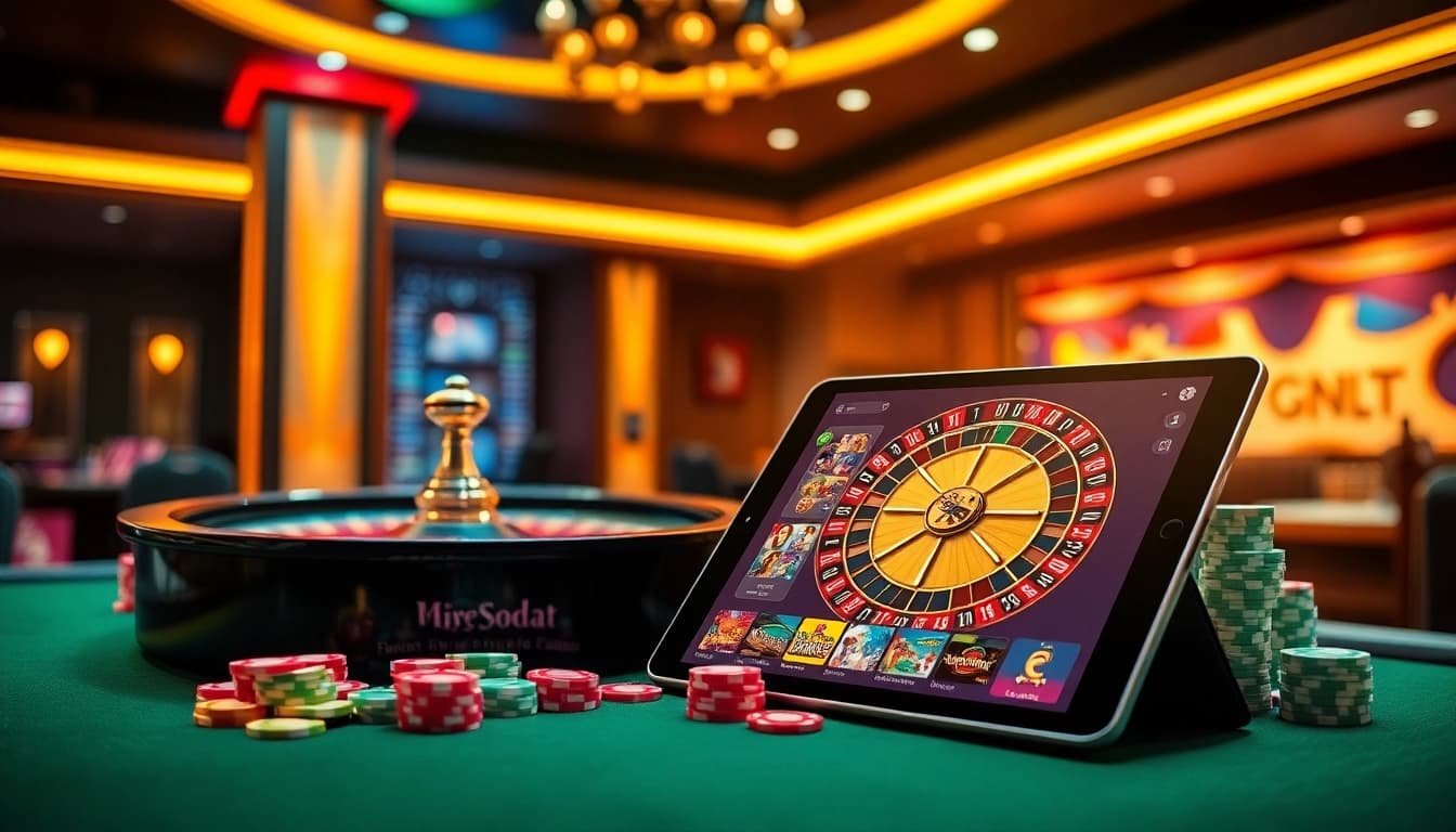 Experimenta la emoción de 488bet con una escena vibrante de casino que presenta ruleta, fichas de póker y juegos en línea.