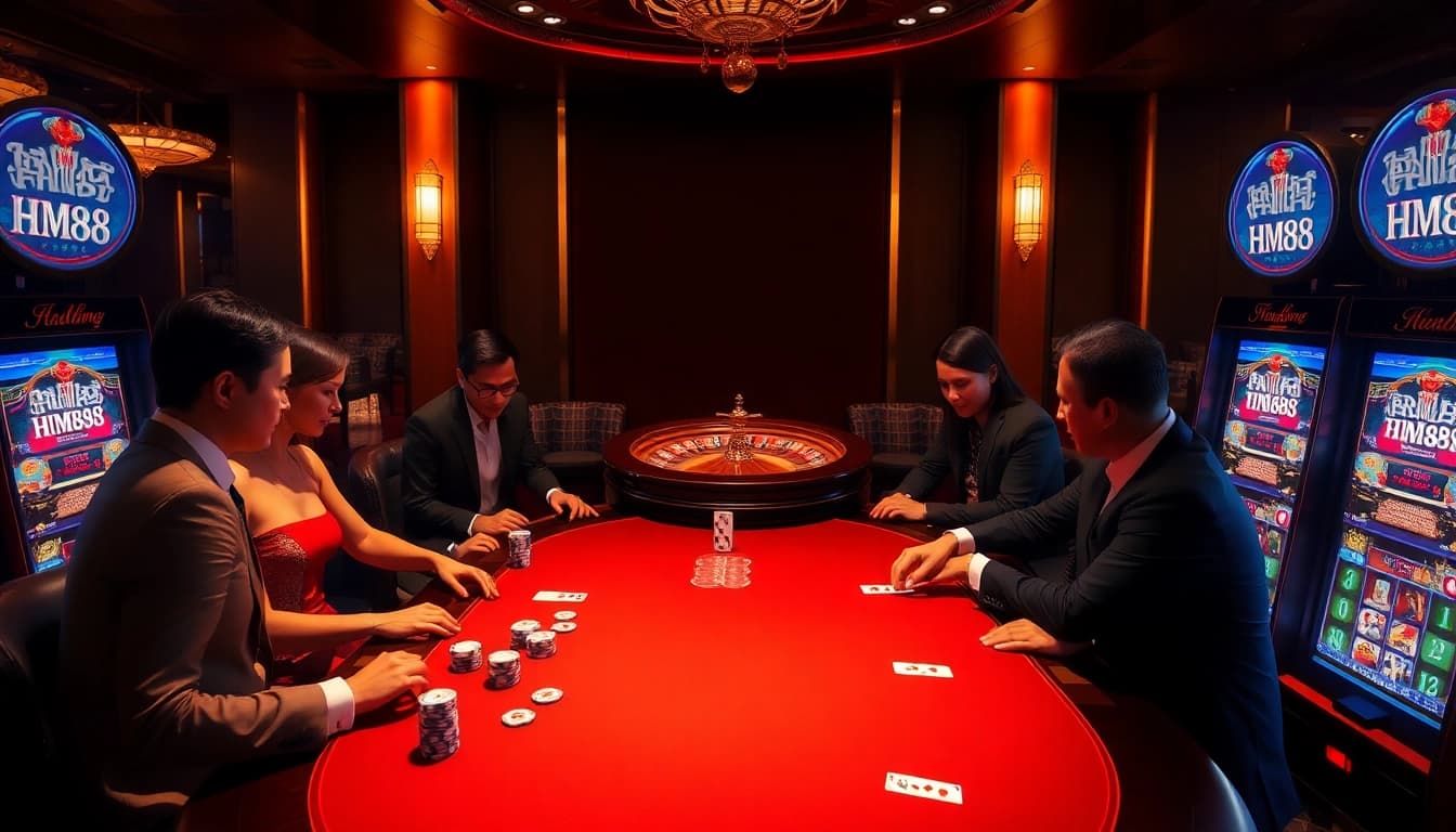 Experience the thrill of HM88 with a luxurious poker game at a vibrant casino atmosphere.