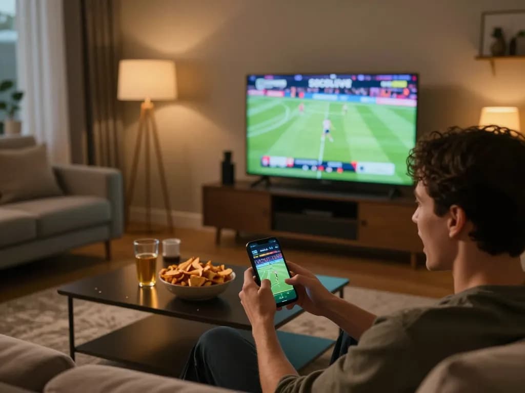 Socolive user excitedly placing bets on a smartphone while watching the game in a cozy living room.