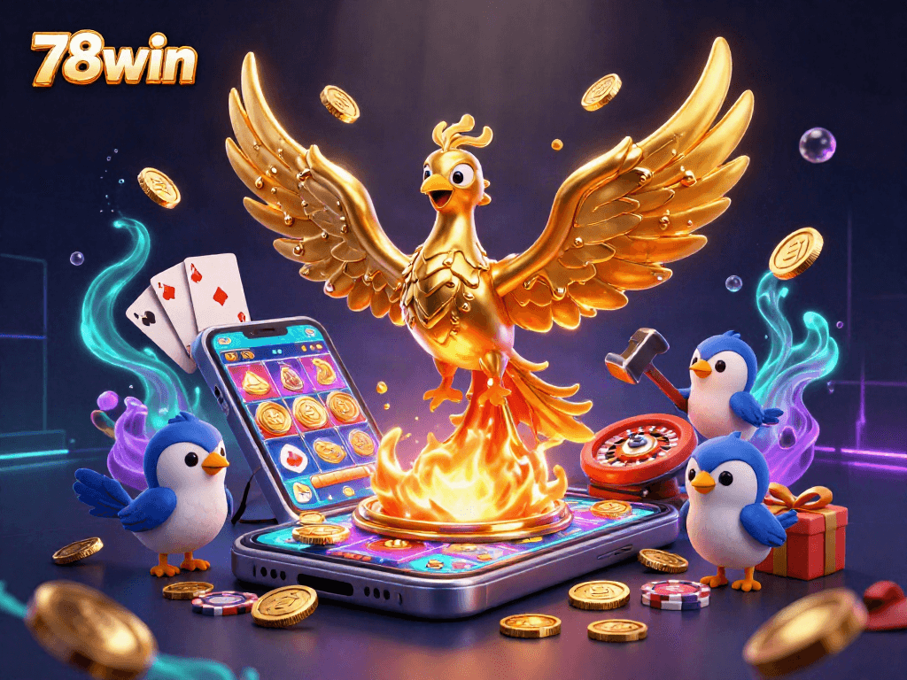 Engage in thrilling gameplay with 78win as vibrant golden phoenix symbolizes jackpot wins and dynamic casino action.