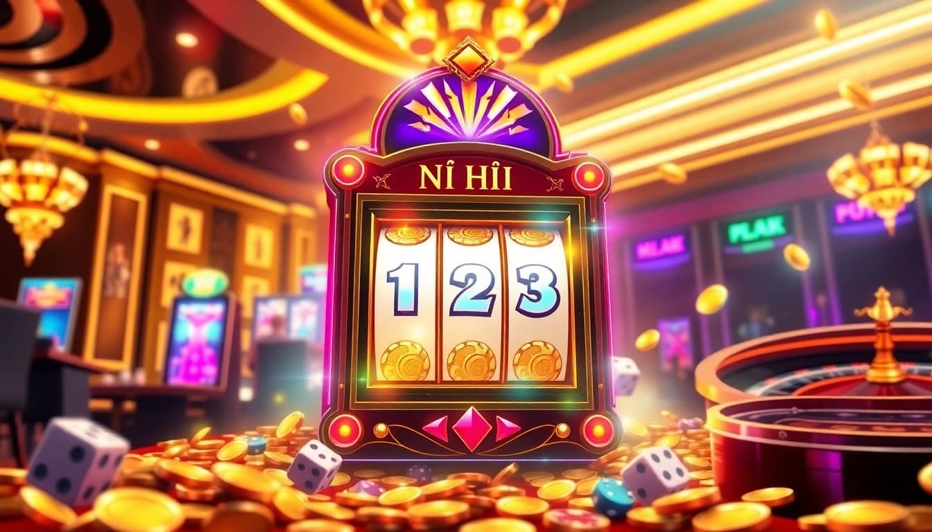 NỔ HŨ 123GA slot machine in a vibrant casino scene filled with excitement and luxury.