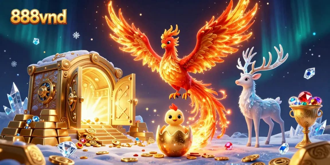 Join the vibrant world of 888vnd with a spectacular 3D illustration showcasing a magical phoenix, golden treasures, and gaming elements.