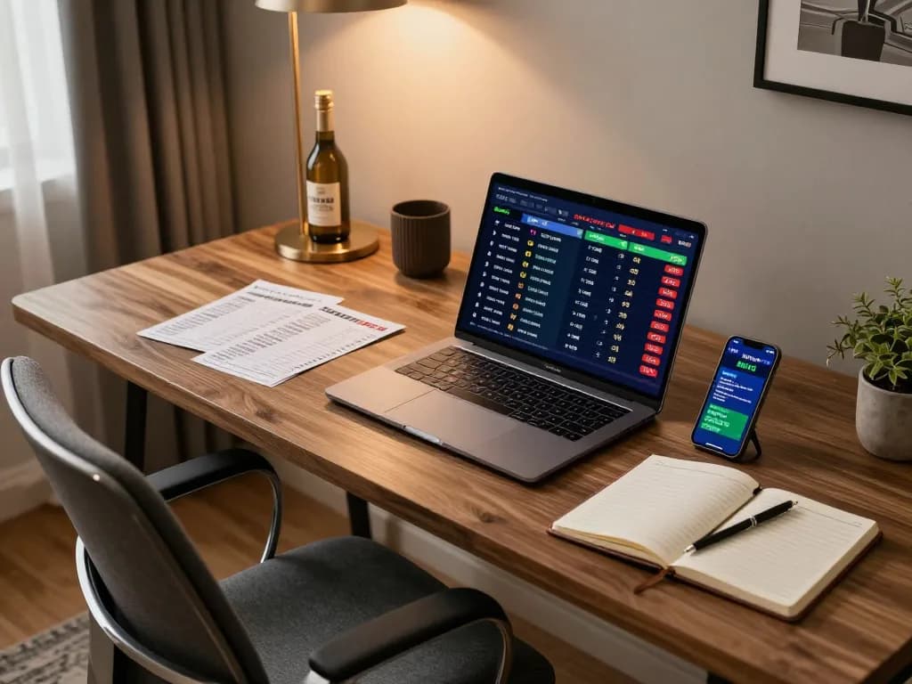 SAY88 sports betting setup with laptop showing live odds and smartphone alerts.