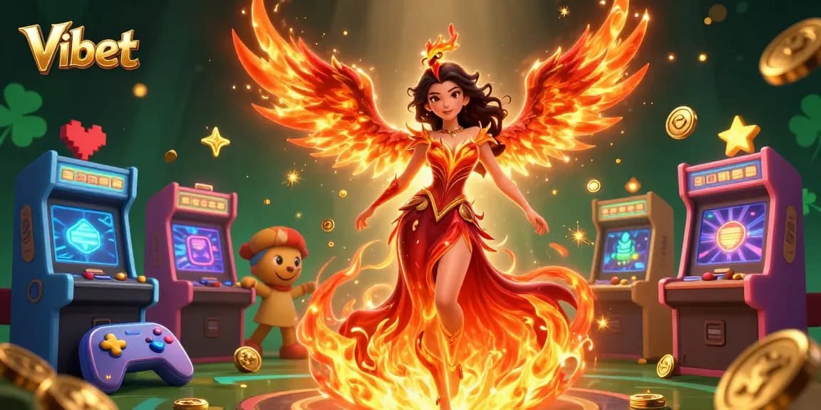 Play thrilling games with Vibet, featuring an Asian woman and a fiery phoenix in a dynamic casino scene.