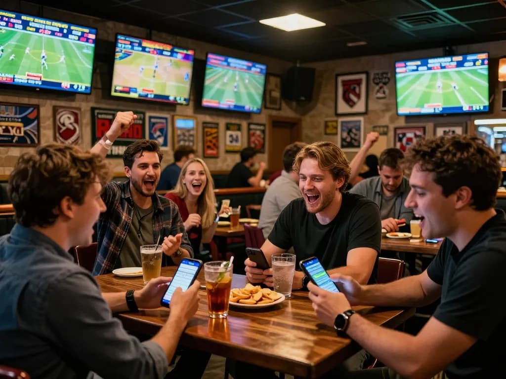 Exciting sports betting atmosphere with tỷ lệ kèo nhà cái featured on screens, patrons cheering