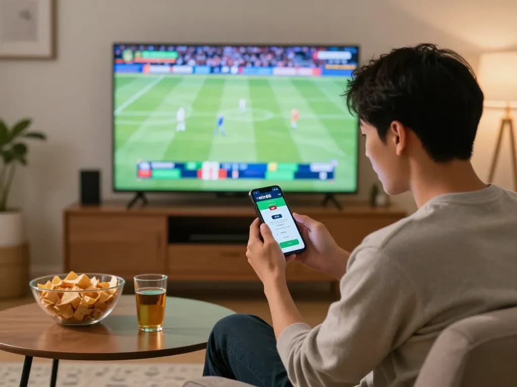 Betting on the Winbd Vip app while enjoying a sports game at home.
