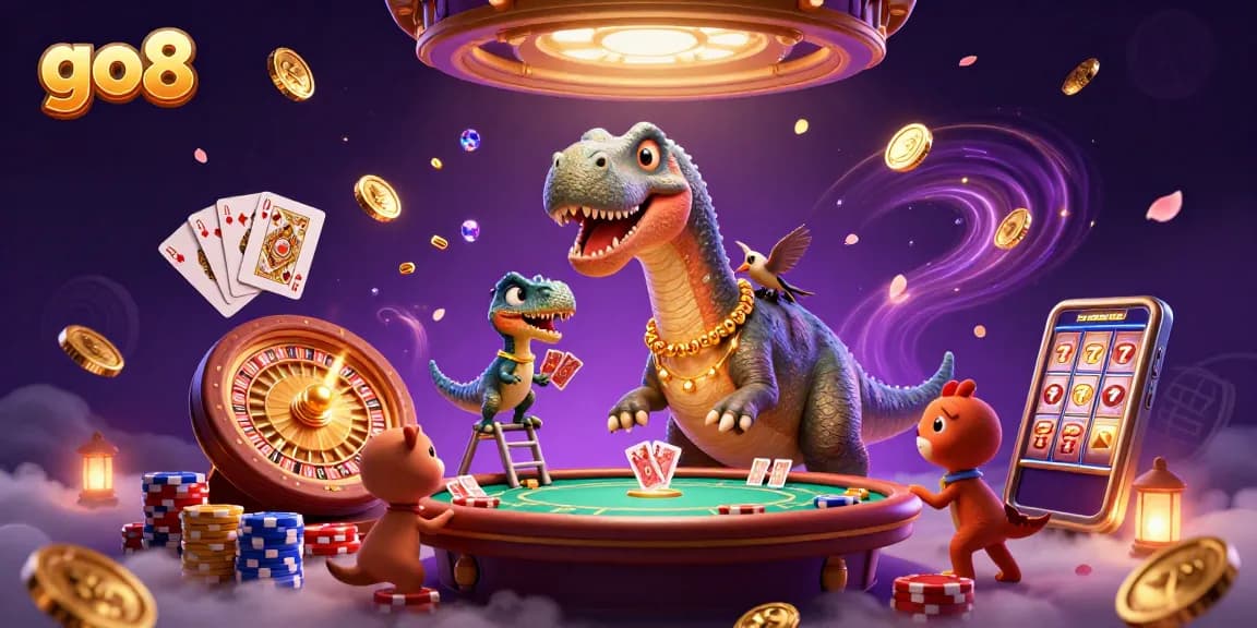 Experience thrilling action at go8 with a brontosaurus peering down on a dynamic casino scene filled with games.