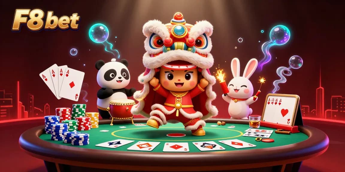 Immerse in the festive F8 bet scene showcasing a Chinese lion dance with engaging casino elements.