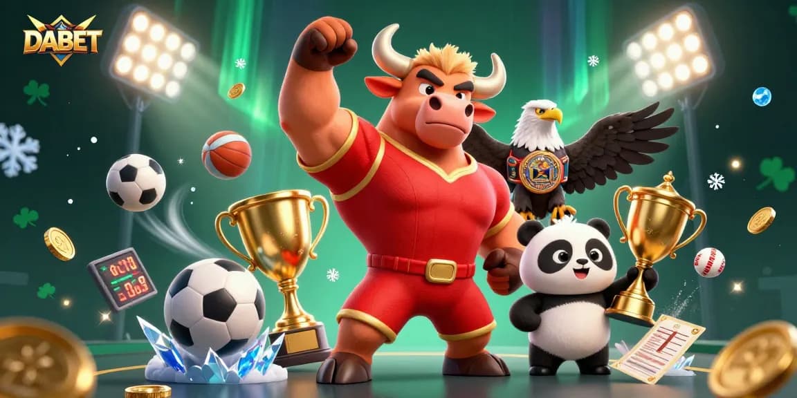 DABET delivers exciting sports betting action with victorious characters celebrating wins in a vibrant casino atmosphere.
