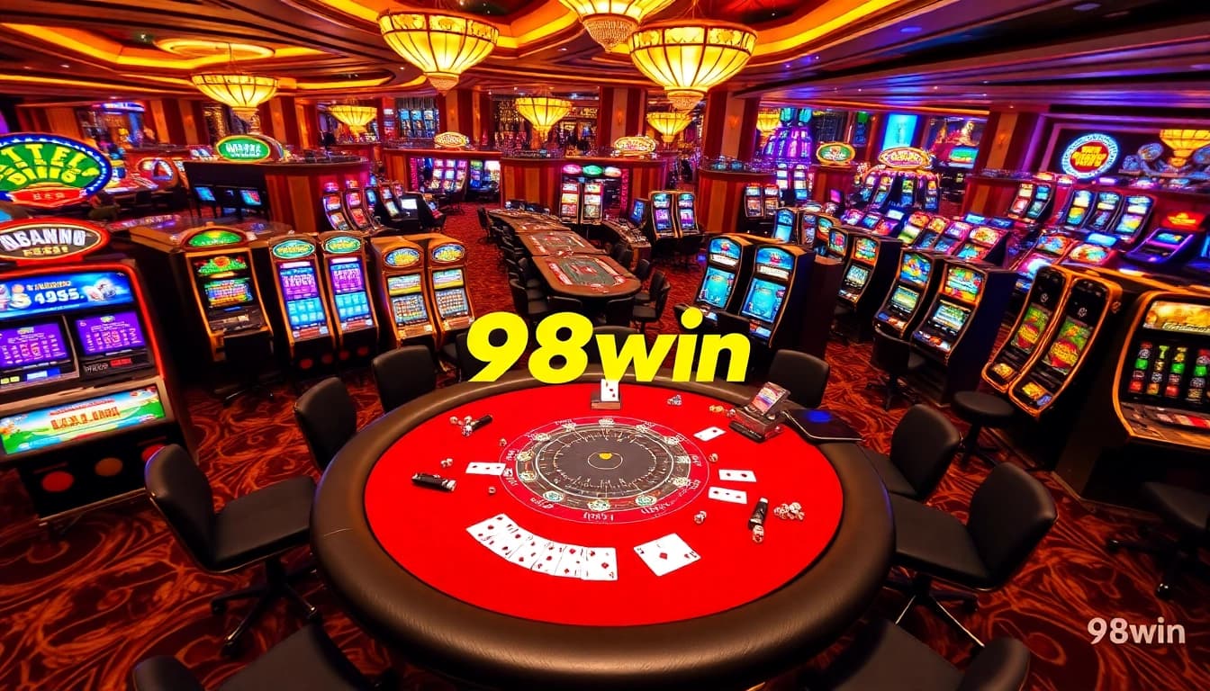Exciting gambling action at 98win's luxurious casino, featuring blackjack and vibrant slot machines.