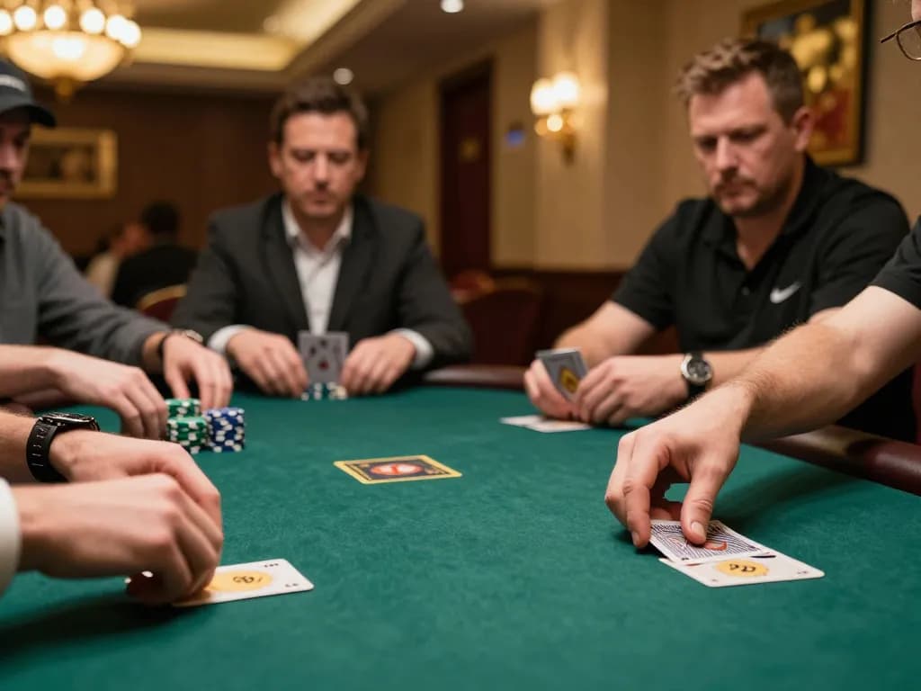 Engaging poker action showcasing players in a competitive nhacaiuytinn environment, with hands holding cards and chips stacked.
