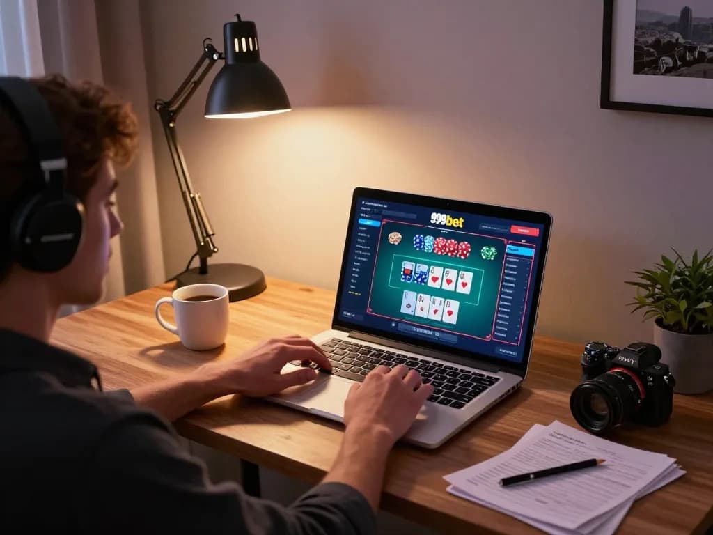 Player enjoying a dynamic online poker game on 999bet at home, chips and cards visible