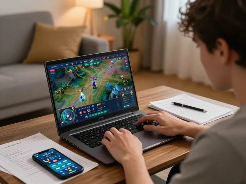 N188 game player engaged on a laptop, strategizing bets in a cozy home setting.