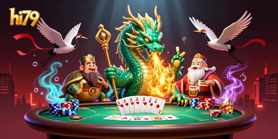 Play poker with hi79 among a massive emerald jade dragon, wise turtle sage, and lucky cranes.
