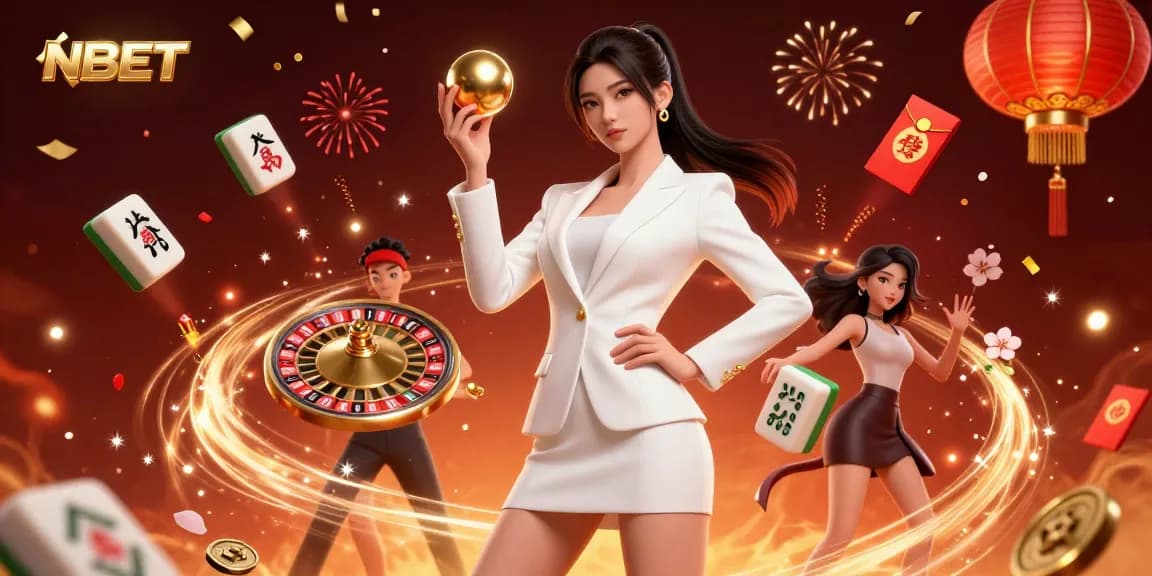 Engage with NBET in a vibrant casino scene featuring a confident woman with a roulette ball amidst festive elements.