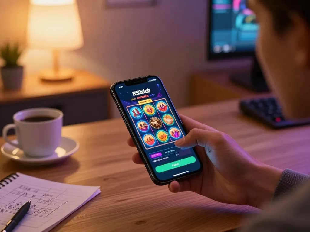 B52club player enjoying mobile gaming experience with vibrant slot graphics.