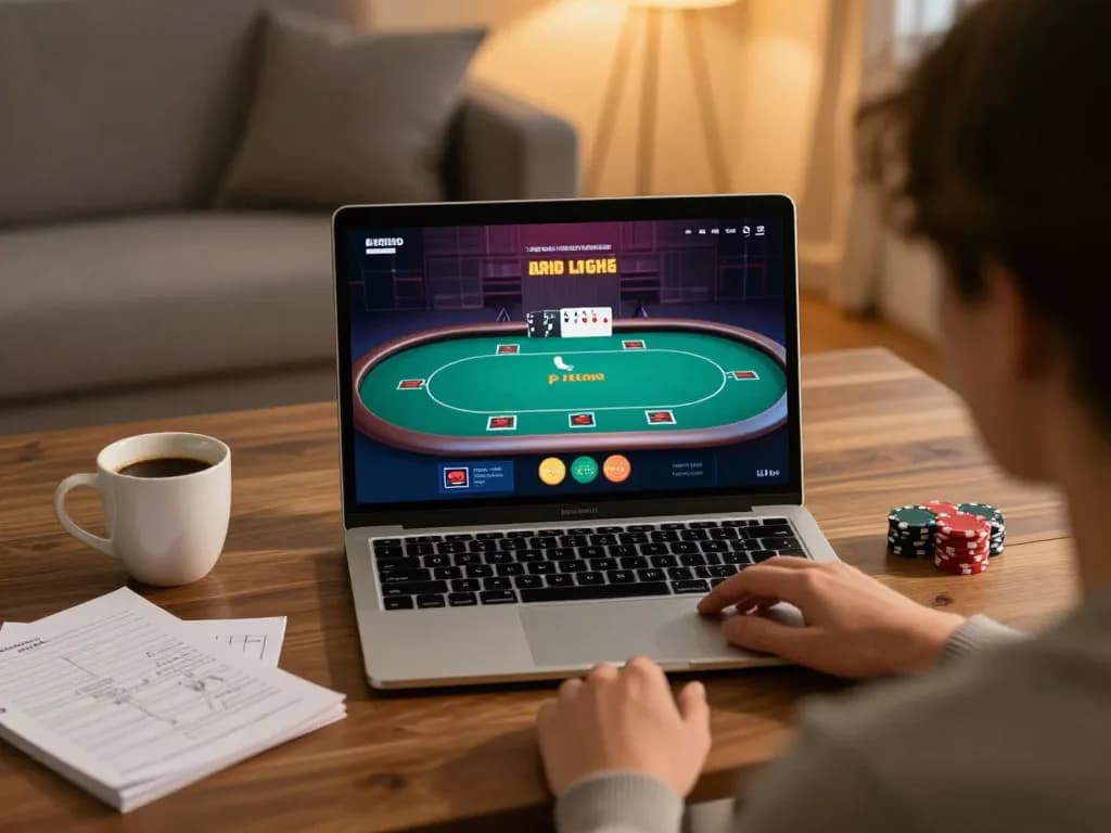 Engaged in online poker at home with onbet app on the laptop, strategy notes visible for better performance.