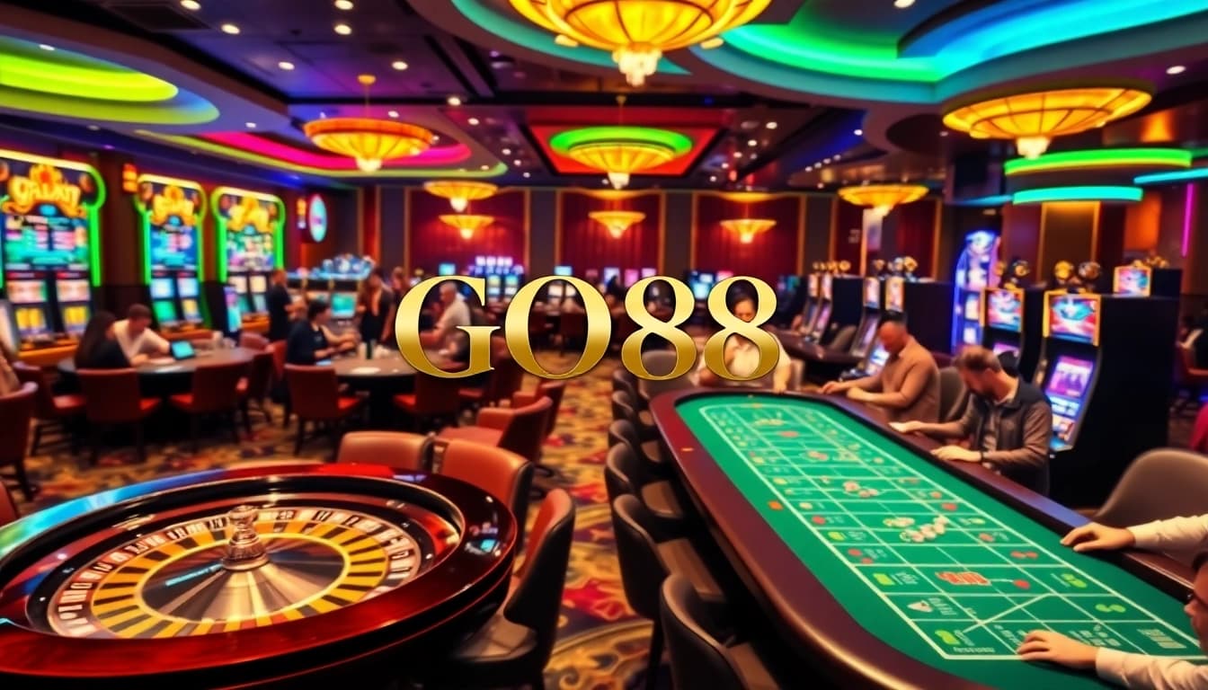Players enjoying casino games with GO88 branding prominently featured in a vibrant scene.