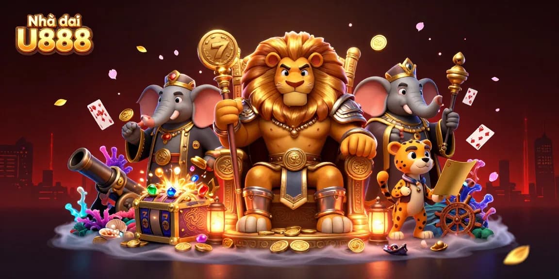 Experience the thrill at Nhà cái U888 with a vibrant 3D casino scene featuring a lion king and slot elements.