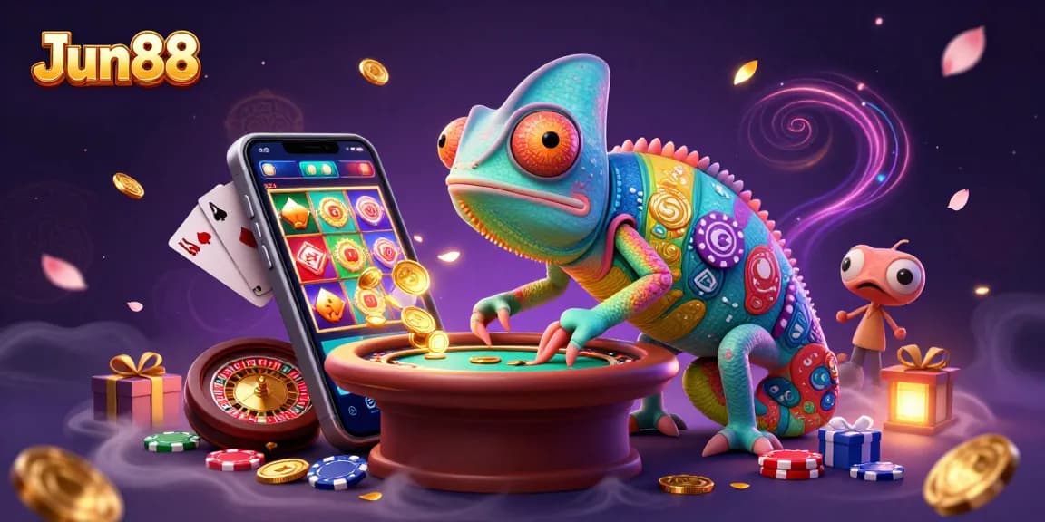 Experience the vibrant world of Jun88 casino with a colorful chameleon owner and dynamic gaming elements.