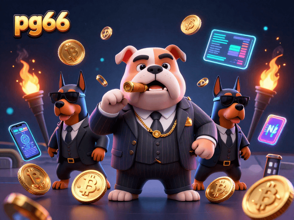 Experience thrilling games at pg66 with a vibrant scene featuring a bulldog mafia boss and crypto elements.