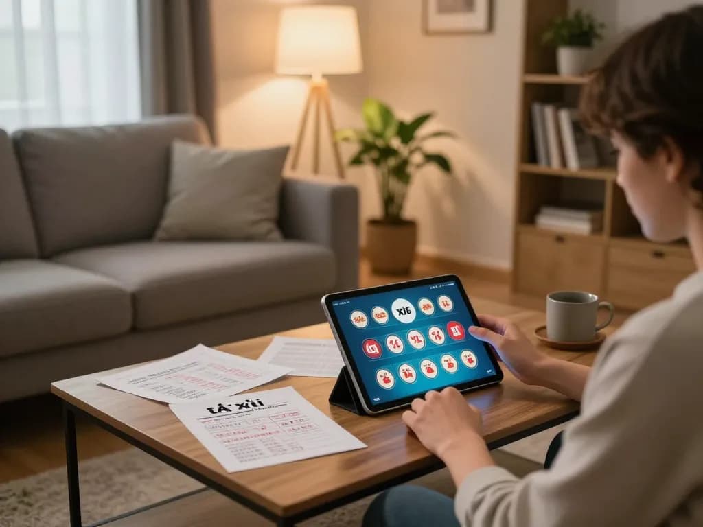 Engaging in tài xỉu online on a tablet at home, with notes nearby in a cozy atmosphere.