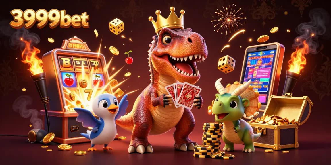 Experience exciting gameplay with 3999bet featuring a lively T-Rex and friends at a dynamic casino scene.