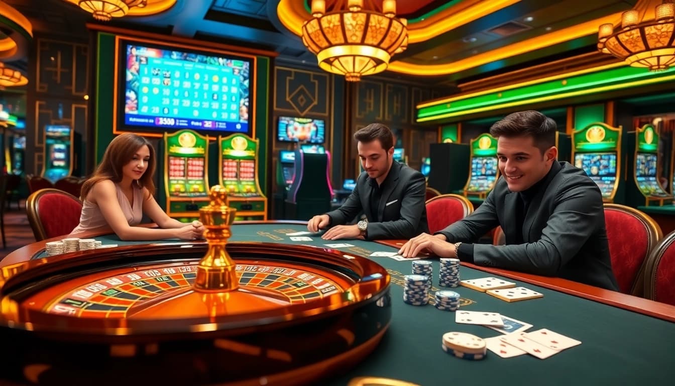 Exciting casino atmosphere with a poker game at https://mtr888.com/, featuring chips and roulette wheel.