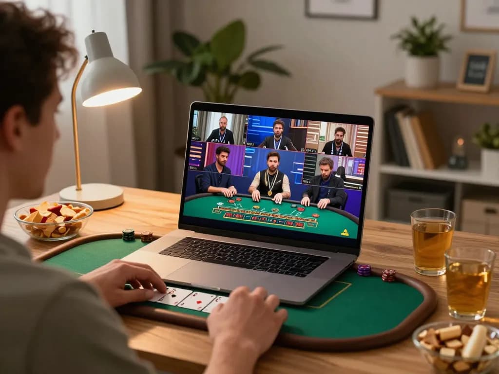 Player enjoying jun 88 live blackjack on laptop in a cozy home setting, showcasing online gaming excitement.