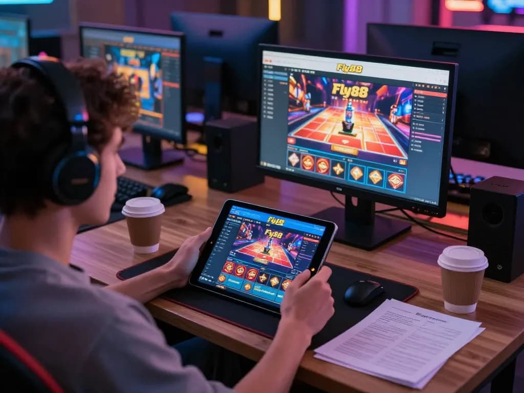 Engaging online gaming experience with Fly88 interface on tablet and strategic notes.