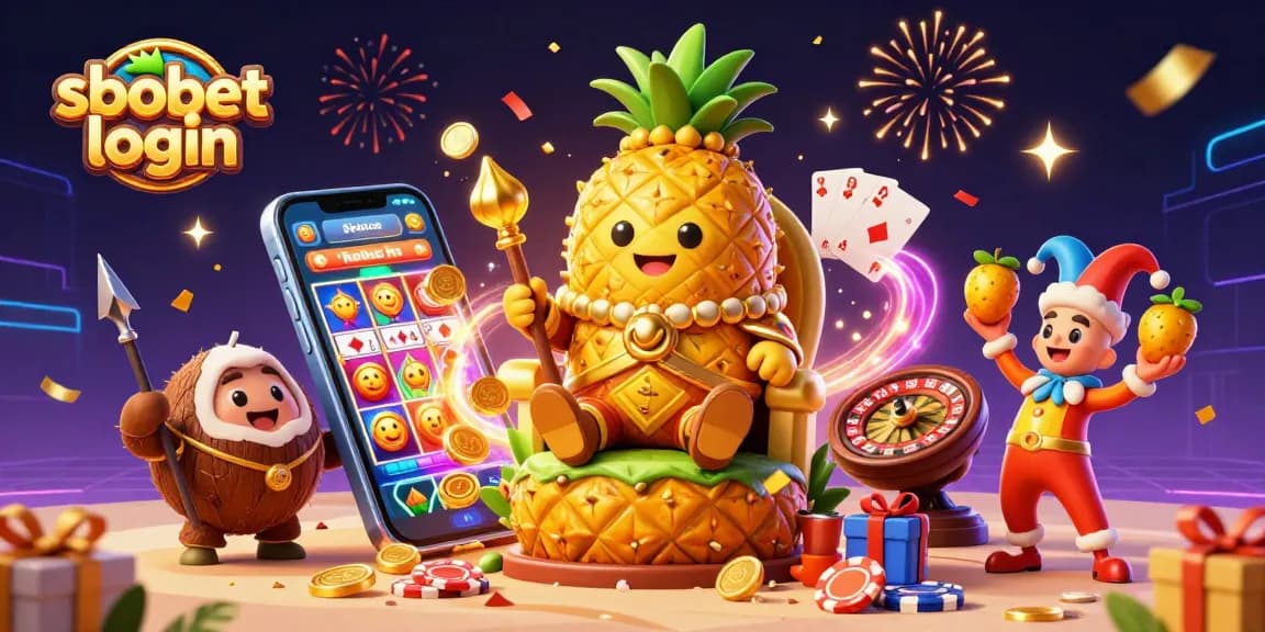 Engage with sbobet login in this vibrant casino scene featuring a pineapple king and dynamic gaming elements.