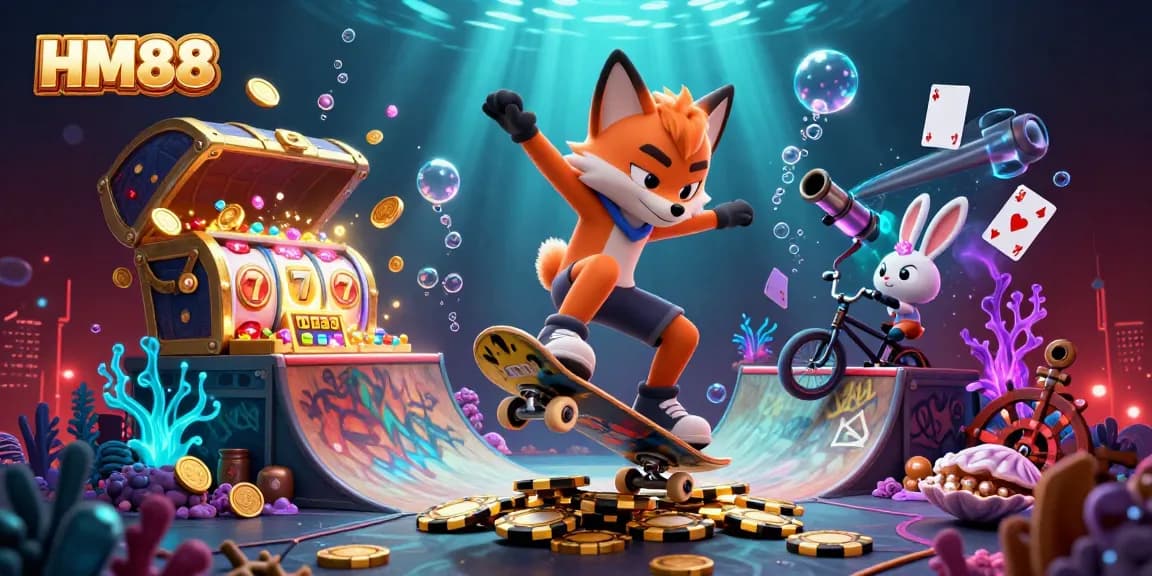 HM88 brings excitement with a dynamic scene of cartoon characters interacting with casino elements in a vibrant setting.